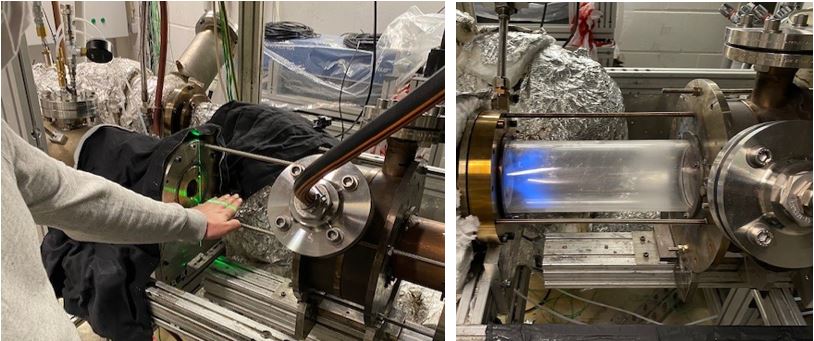 Figure 2: PV laser sheet (low energy setting) and natural gas flame viewed through fused silica combustion chamber